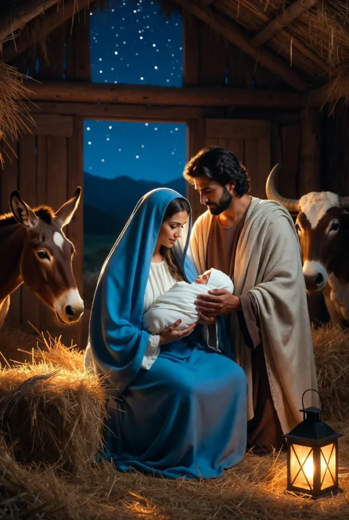 Mary and Joseph gently hold newborn Jesus in a wooden stable, surrounded by a donkey, cow, and glowing lantern under a starry sky.