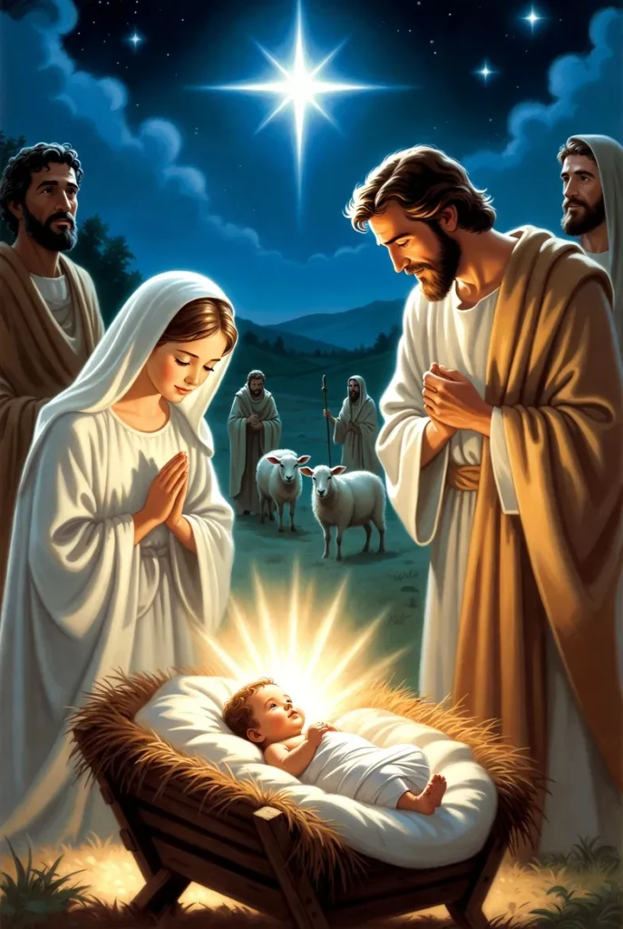 Mary prays with hands clasped as Joseph looks down lovingly at baby Jesus, with shepherds and sheep watching under the Star of Bethlehem.