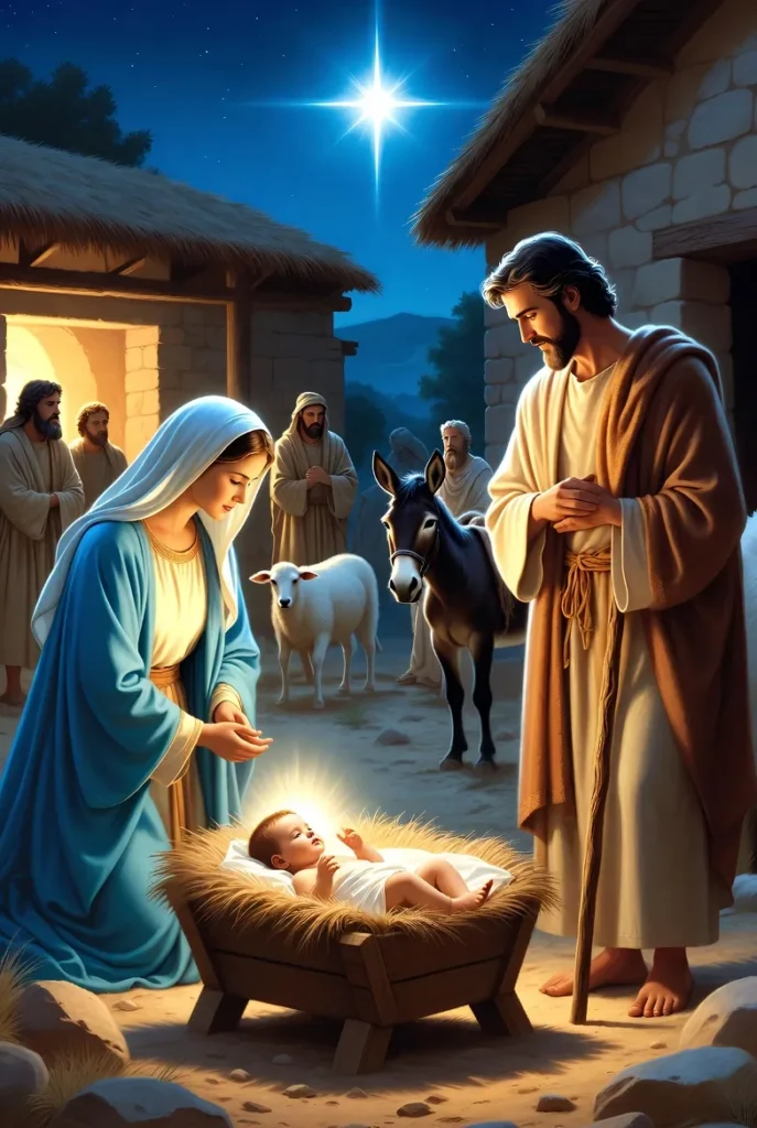 Mary and Joseph stand near baby Jesus in a manger as a donkey and sheep look on, all bathed in light under the Star of Bethlehem.