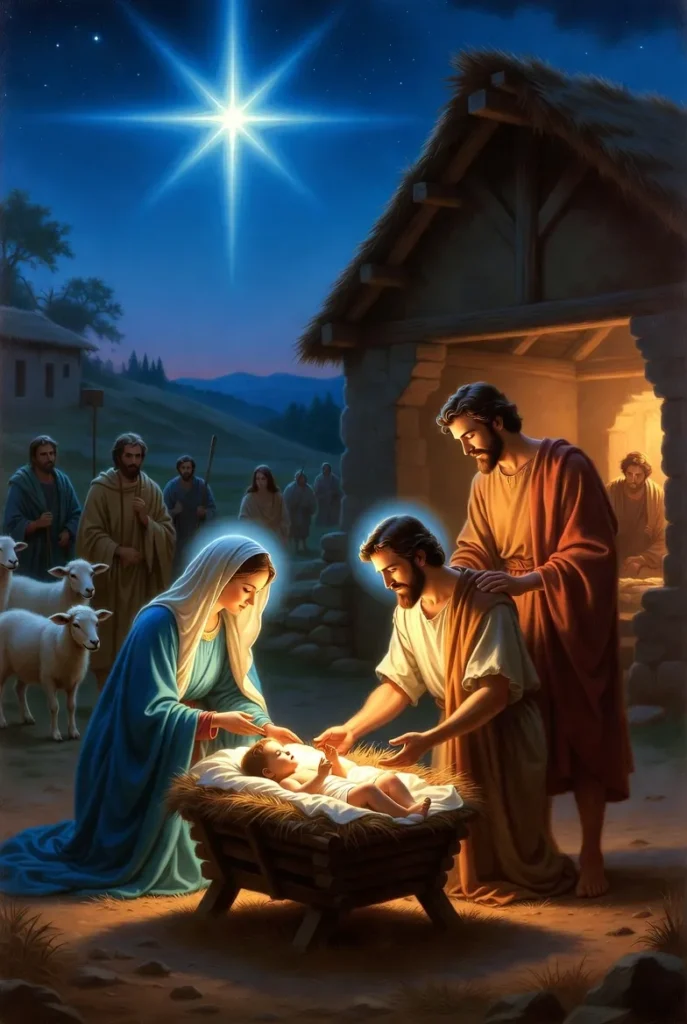 Mary and Joseph gently touch baby Jesus in a manger as shepherds gather nearby under the shining Star of Bethlehem.