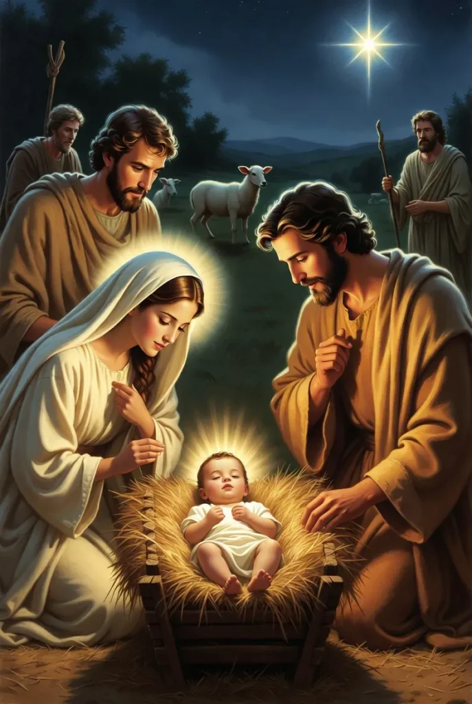 Mary and Joseph kneel beside baby Jesus in a manger as shepherds watch from behind, all illuminated by the Star of Bethlehem.