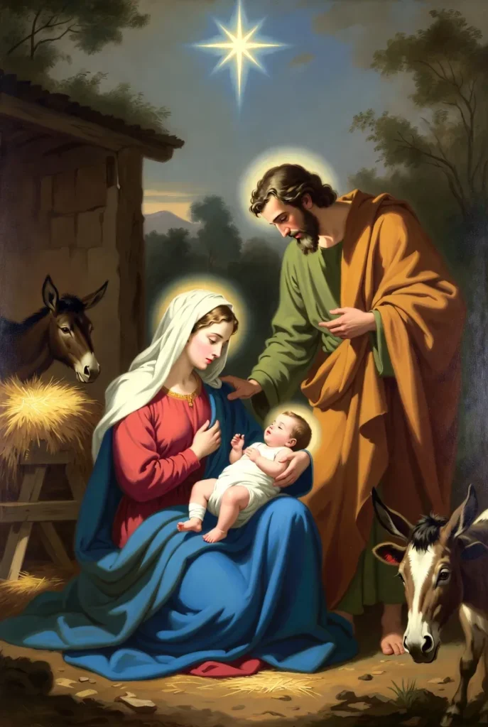 Mary and Joseph adore baby Jesus in a manger under the Star of Bethlehem, with donkeys nearby.