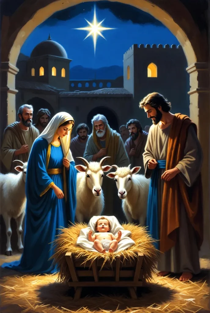 Mary and Joseph stand with baby Jesus in a manger under an archway, surrounded by sheep and shepherds, with town buildings visible in the background.