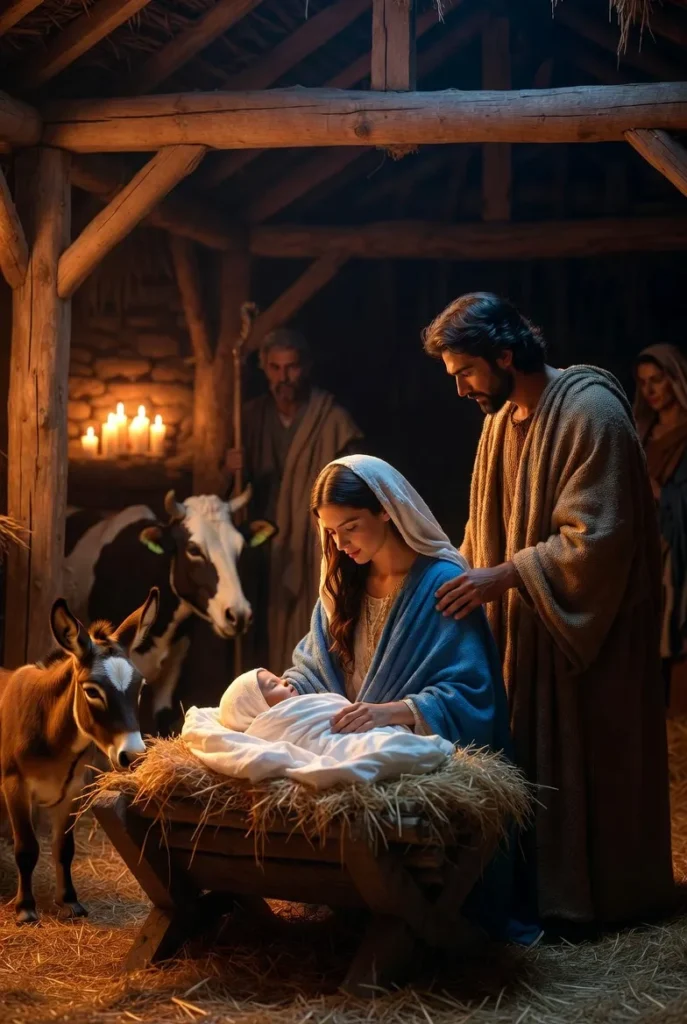 Nativity scene with Virgin Mary holding infant Jesus in manger, Joseph, donkey, ox and warm candlelight