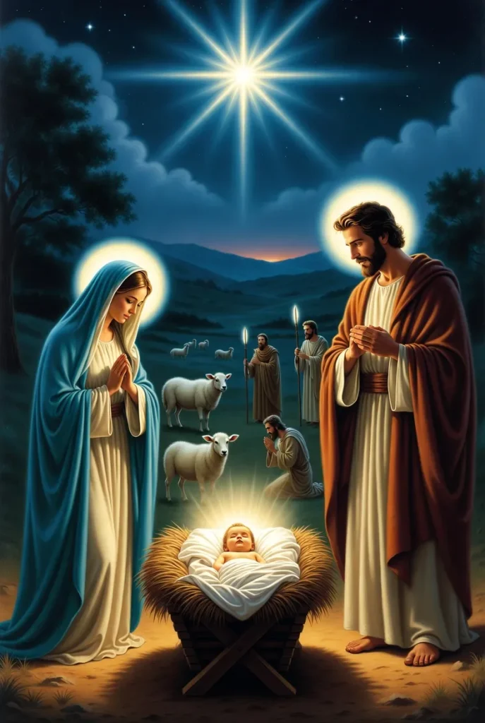 Mary and Joseph kneel beside baby Jesus in a manger as shepherds approach under the glowing Star of Bethlehem.