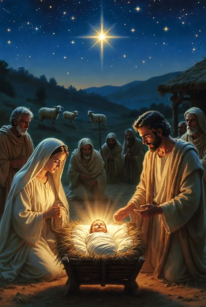 Shepherds gather around Mary, Joseph, and baby Jesus in a manger under the Star of Bethlehem at night.