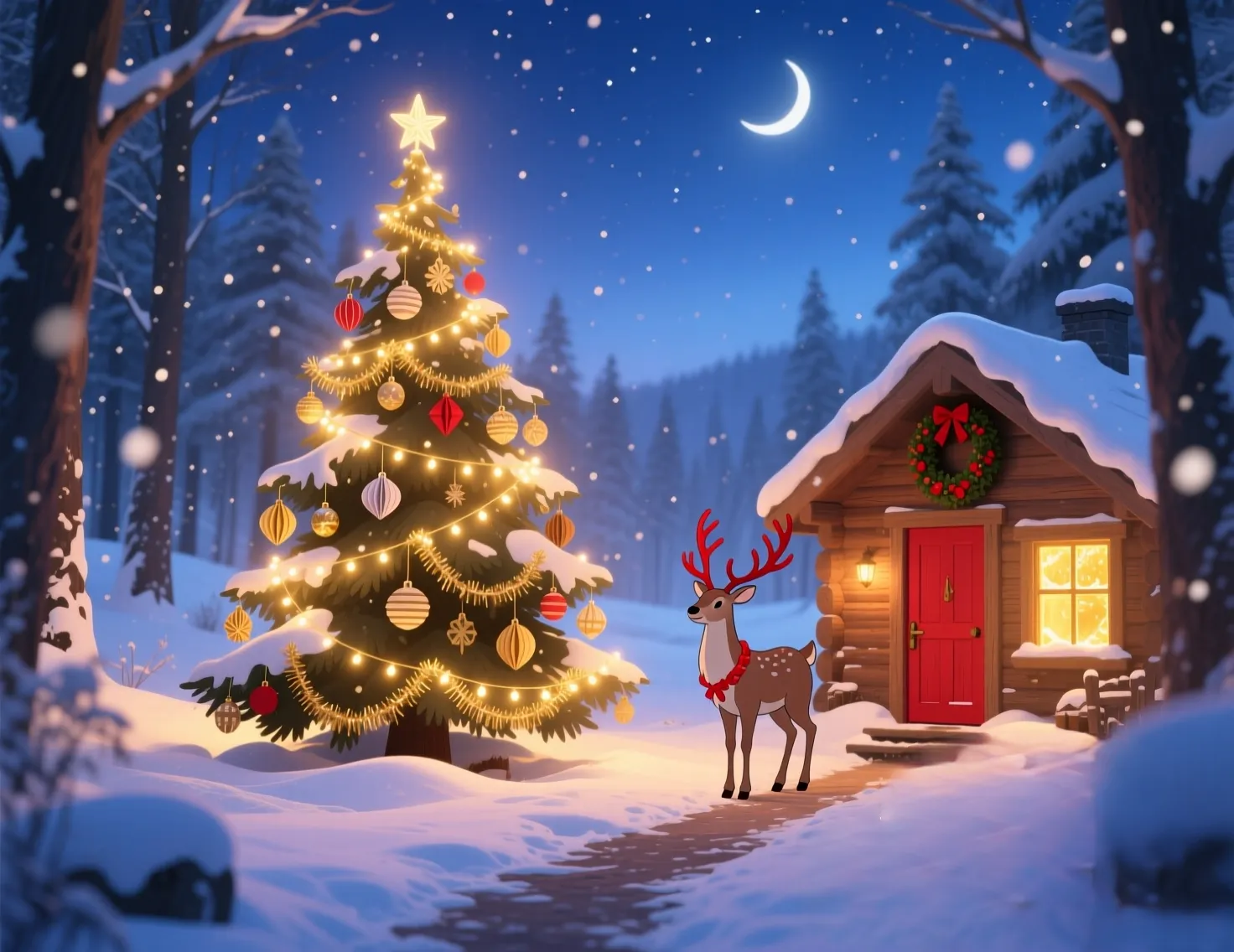 A glowing Christmas tree in a snowy forest at night, with a wooden cabin and a deer nearby.
