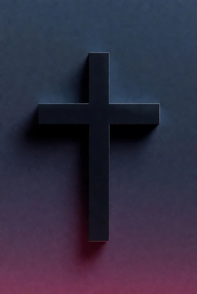 A centered black cross casting a soft shadow on a deep blue-to-red gradient background, representing faith, hope, and spiritual grounding.