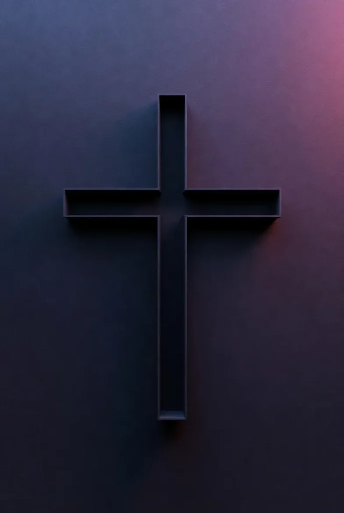 A hollow black cross with a subtle inner glow against a dark blue-to-red gradient, symbolizing the light of Christ within darkness.
