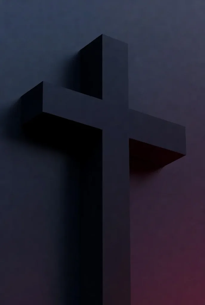 A bold black cross casts a deep red shadow against a dark blue background, symbolizing sacrifice and redemption in a modern, minimalist style.