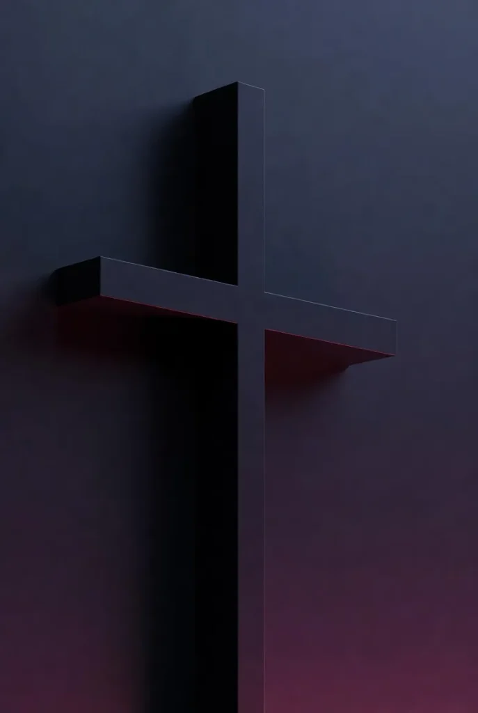 A black cross illuminated from the side, casting deep shadows on a dark purple-red background, symbolizing strength and spiritual depth.