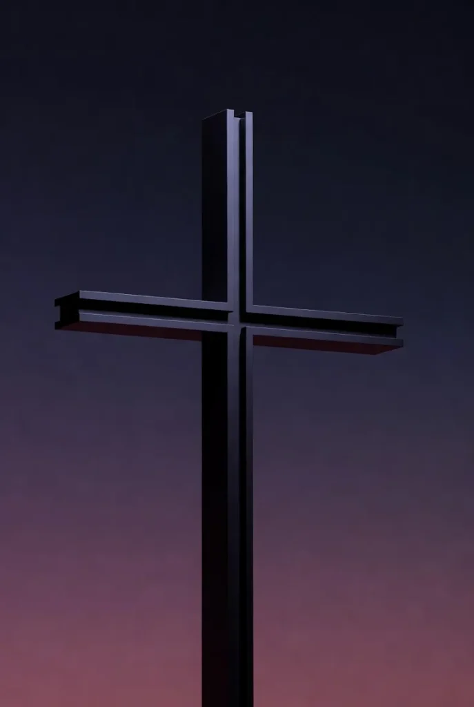 A tall, sleek black cross stands against a twilight sky with purple and red hues, creating a dramatic and reverent atmosphere for spiritual reflection.