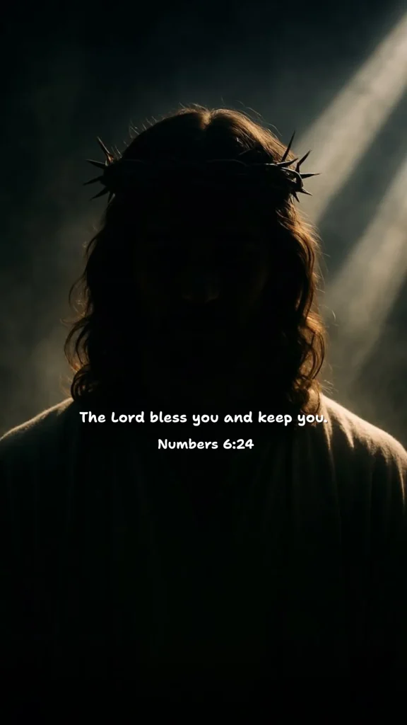 Silhouette of Jesus wearing a crown of thorns with rays of divine light behind Him, featuring Numbers 6:24 — “The Lord bless you and keep you.” Peaceful and inspirational Bible verse wallpaper.