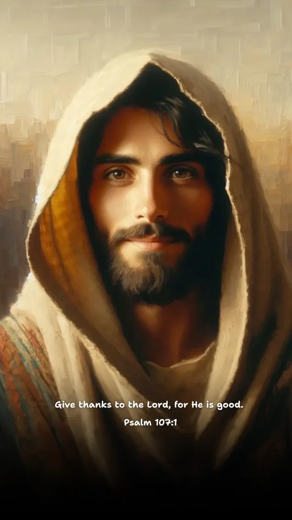 Gentle portrait of Jesus wearing a hooded robe with warm golden lighting, featuring Psalm 107:1 — “Give thanks to the Lord, for He is good.” Inspirational Bible verse wallpaper for gratitude and worship.