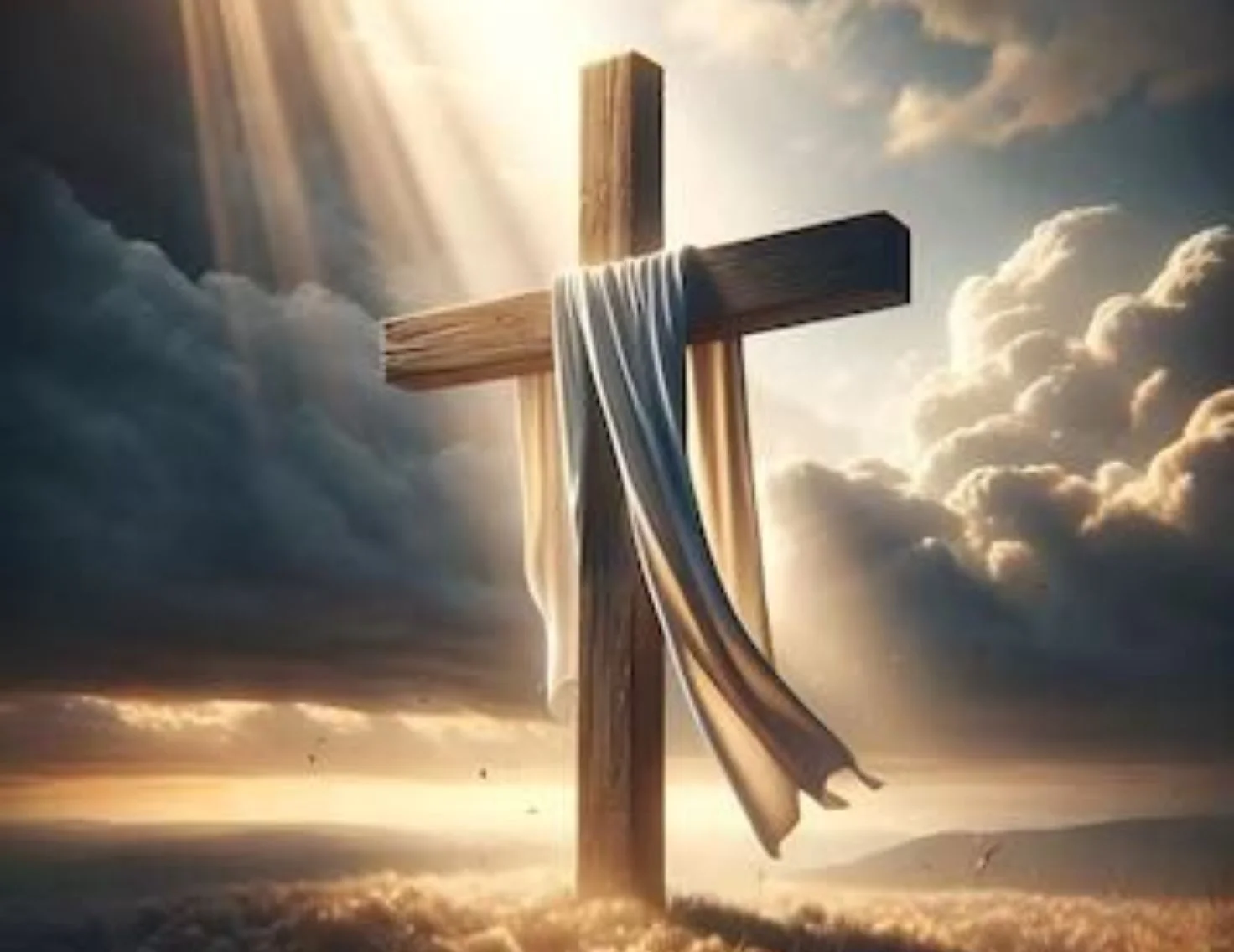 Empty wooden cross with white cloth draped over it, bathed in heavenly sunlight — a powerful Christian cross wallpaper symbolizing resurrection and grace.