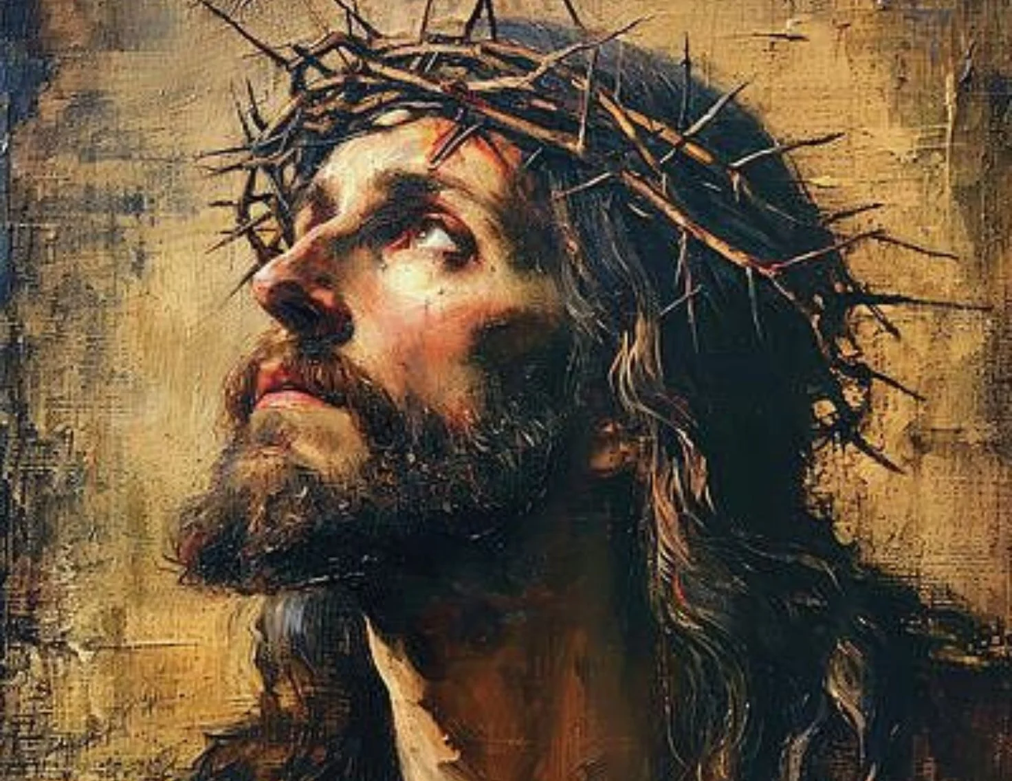 Painted portrait of Jesus wearing a crown of thorns, looking upward in surrender - a solemn Easter Christian wallpaper for prayer and meditation.