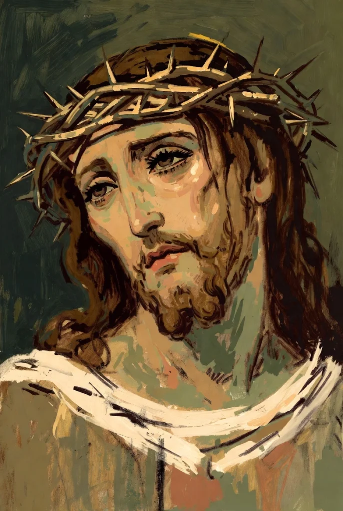 Painted portrait of Jesus wearing a crown of thorns, symbolizing His suffering and love — a solemn Easter Christian wallpaper for prayer and devotion.