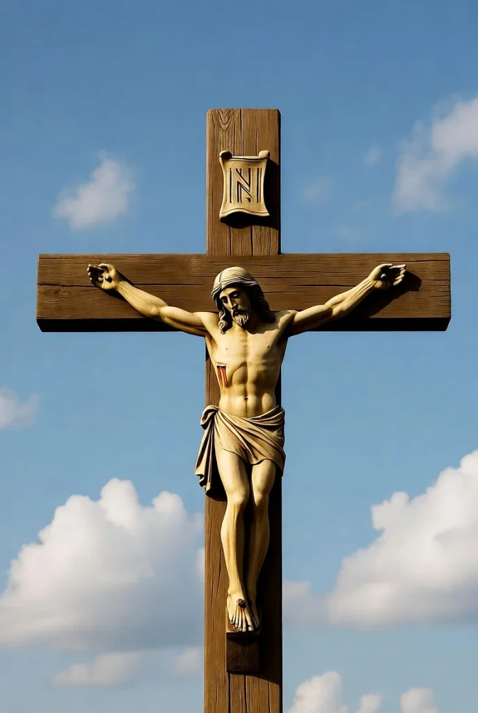 Jesus on the cross against a clear blue sky with clouds — a hopeful Easter Christian wallpaper symbolizing sacrifice, grace, and the promise of resurrection.