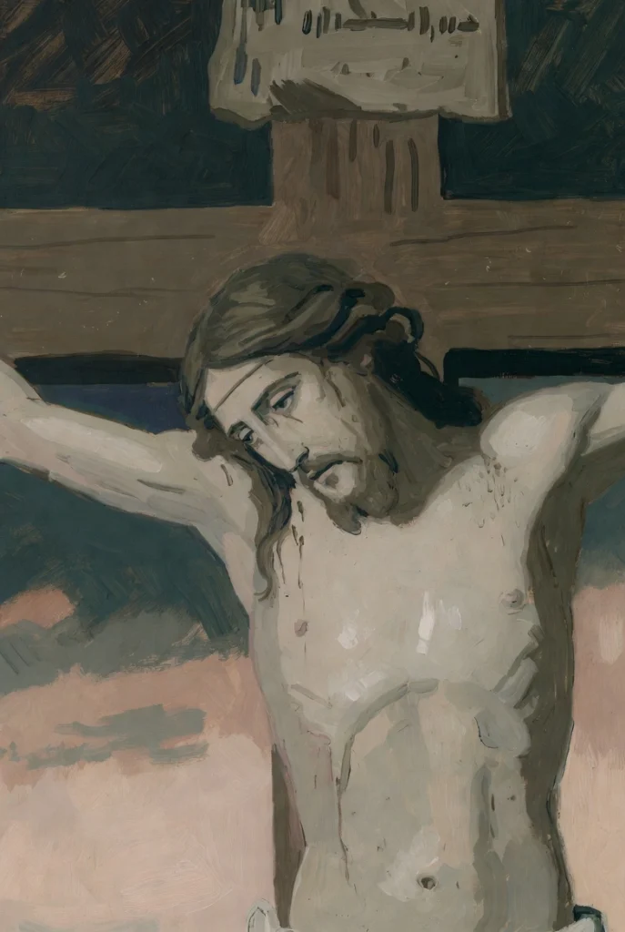 Painted artwork of Jesus Christ on the cross, capturing His sacrifice with emotional depth — an artistic Easter Christian wallpaper for prayer and reflection.