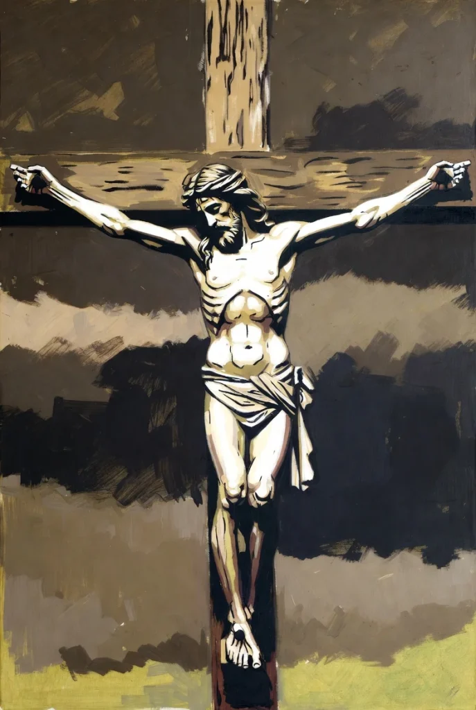 Dramatically lit painted image of Jesus on the cross, emphasizing His sacrifice — a moving Easter Christian wallpaper for reflection and spiritual devotion.