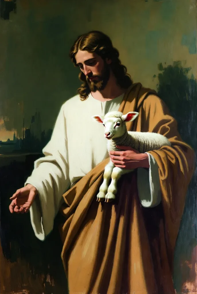 Jesus Christ gently holding a white lamb in His arms, symbolizing His role as the Good Shepherd - ideal Christian wallpaper for peace, faith, and devotion.