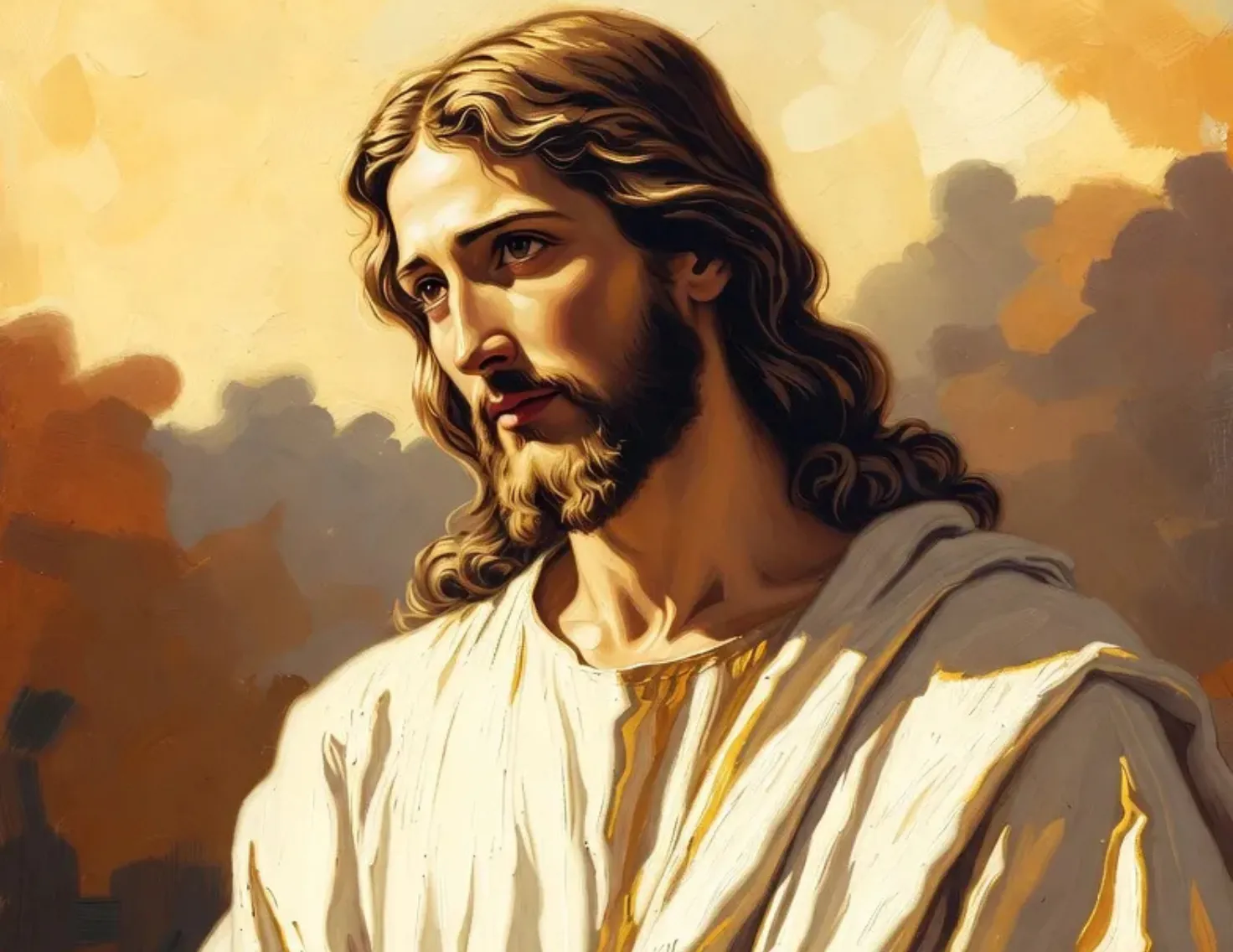 Jesus Christ in quiet prayer, bathed in golden divine light - a serene Christian wallpaper for meditation, worship, and spiritual strength.