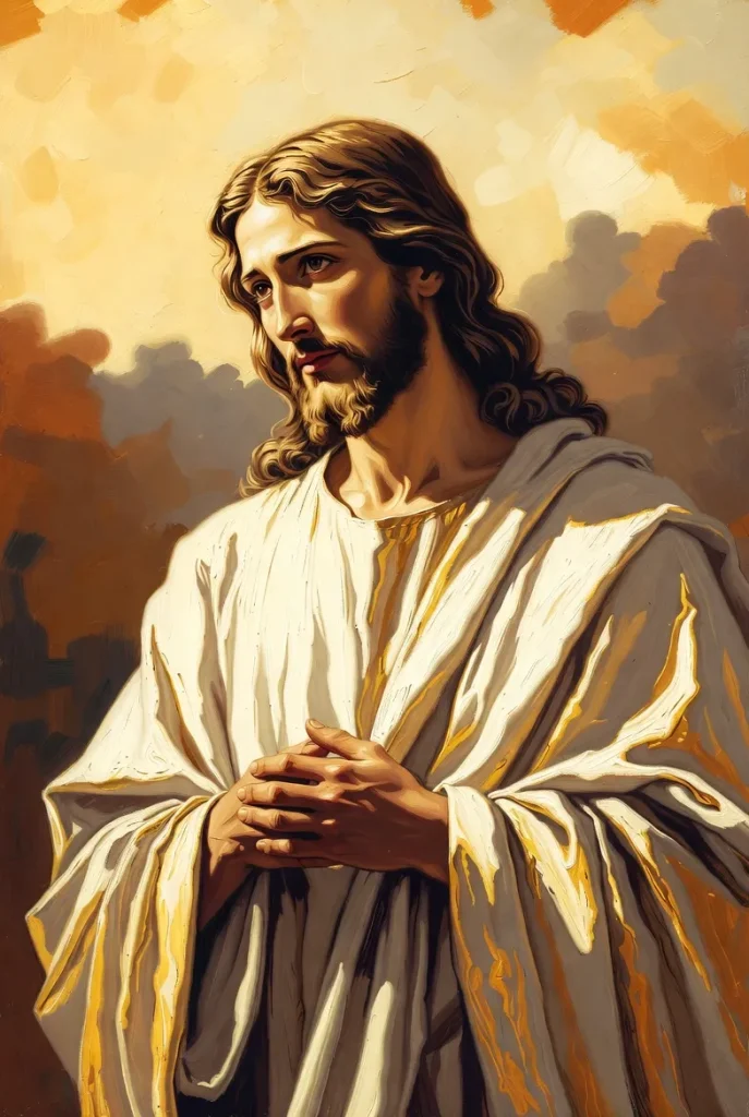 Jesus Christ in quiet prayer, hands clasped, bathed in golden divine light,  a serene Christian wallpaper for meditation, worship, and spiritual strength.