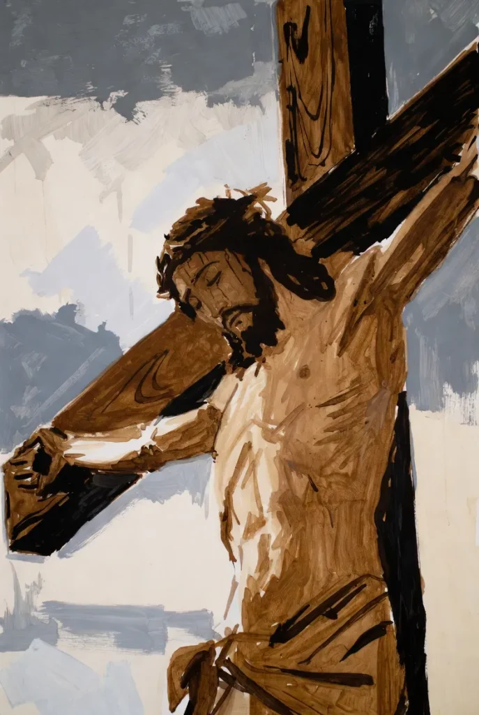 Jesus Christ crucified on the cross, eyes closed in sacrifice, depicted in dramatic brushstroke painting style - a solemn Christian wallpaper for Good Friday, reflection, and redemption.